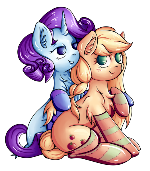 Size: 2824x3216 | Tagged: safe, artist:coco-drillo, derpibooru import, applejack, rarity, earth pony, pony, unicorn, alternate hairstyle, bedroom eyes, blushing, braid, braided pigtails, braided tail, braiding, chest fluff, clothes, commission, ear fluff, female, holding hooves, image, lesbian, png, raised hoof, rarijack, shipping, simple background, sitting, smiling, socks, stockings, striped socks, thigh highs, transparent background
