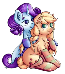 Size: 2824x3216 | Tagged: safe, artist:coco-drillo, derpibooru import, applejack, rarity, earth pony, pony, unicorn, alternate hairstyle, bedroom eyes, blushing, braid, braided pigtails, braided tail, braiding, chest fluff, clothes, commission, ear fluff, female, holding hooves, image, lesbian, png, raised hoof, rarijack, shipping, simple background, sitting, smiling, socks, stockings, striped socks, thigh highs, transparent background