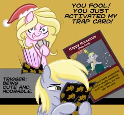 Size: 1800x1680 | Tagged: safe, artist:redpalette, derpibooru import, screencap, derpy hooves, oc, oc:chuckles, earth pony, pegasus, pony, /mlp/, /ss/, card, christmas, dialogue, hat, holiday, image, png, santa hat, slam, squint, table, trap card
