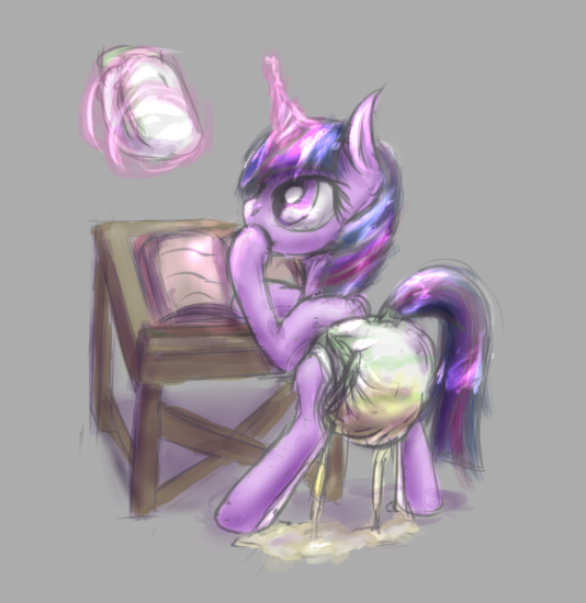 Size: 534x550 | Tagged: questionable, artist::snowfrost, derpibooru import, twilight sparkle, pony, unicorn, book, colored sketch, diaper, diaper fetish, female, fetish, image, magic, mare, pissing, png, solo, urine, wet diaper