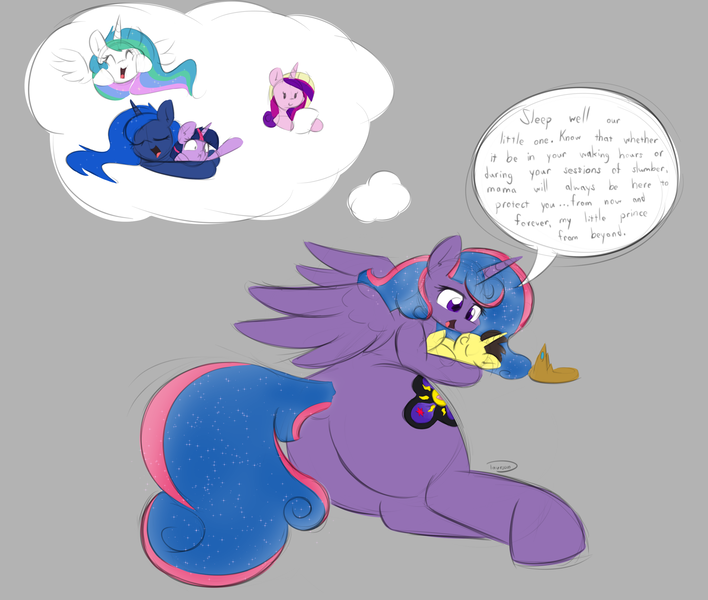 Size: 2788x2362 | Tagged: safe, artist:taurson, author:bigonionbean, derpibooru import, princess cadance, princess celestia, princess luna, twilight sparkle, twilight sparkle (alicorn), oc, oc:queen galaxia, oc:tommy the human, alicorn, pony, adorable face, alicorn oc, alicorn princess, butt, child, colt, commissioner:bigonionbean, cute, cutie mark, dialogue, dream, ethereal mane, ethereal tail, extra thicc, female, flank, fusion, fusion:queen galaxia, horn, hugging a pony, image, large butt, loving embrace, loving gaze, lying down, magic, male, mare, mother and child, mother and son, passed out, plot, png, puffy cheeks, royalty, sleeping, speech bubble, thicc ass, thought bubble, wings