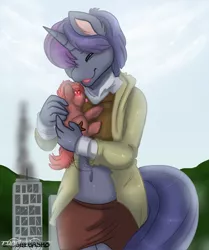 Size: 1152x1381 | Tagged: safe, artist:ghostiebash8, derpibooru import, oc, oc:giun uni, oc:mocha sprinkles, unofficial characters only, anthro, pony, unguligrade anthro, unicorn, city, clothes, commission, female, giant pony, giantess, hug, image, macro, open mouth, png