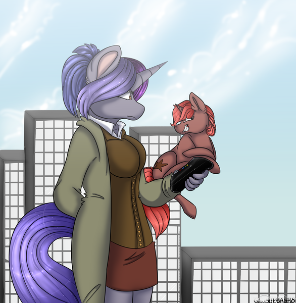 Size: 2571x2632 | Tagged: safe, artist:ghostiebash8, derpibooru import, oc, oc:giun uni, oc:mocha sprinkles, unofficial characters only, anthro, pony, unguligrade anthro, unicorn, city, clothes, commission, female, giant pony, giantess, image, macro, png