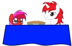 Size: 5141x3322 | Tagged: safe, artist:ngthanhphong, derpibooru import, oc, oc:atlas, oc:ruby star, unofficial characters only, earth pony, unicorn, apple, apple pie, food, glasses, image, pie, png, table