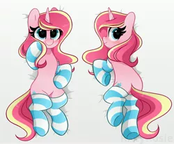 Size: 4096x3388 | Tagged: suggestive, artist:kittyrosie, derpibooru import, oc, oc:rosa flame, unofficial characters only, pony, unicorn, blushing, clothes, horn, image, jpeg, simple background, socks, solo, striped socks, unicorn oc