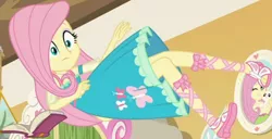 Size: 3736x1920 | Tagged: safe, derpibooru import, screencap, angel bunny, fluttershy, do it for the ponygram!, equestria girls, equestria girls series, spoiler:eqg series (season 2), book, clothes, cute, cutie mark, cutie mark on clothes, female, fluttershy's bedroom, geode of fauna, image, jewelry, jpeg, magical geodes, male, necklace, sandals, shyabetes, solo focus
