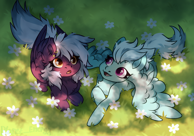 Size: 998x701 | Tagged: safe, artist:lara_kill_craft, derpibooru import, fleetfoot, oc, oc:nighty cloud, pegasus, pony, canon x oc, commission, duo, duo female, ear piercing, earring, female, fleetnight, flower, grass, grass field, happy, image, jewelry, lesbian, open mouth, piercing, png, ponyloaf, shipping, signature, smiling, spread wings, surprised, tail, wings