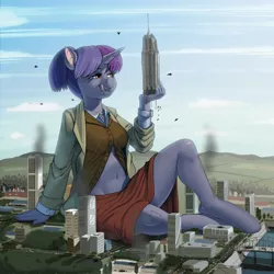 Size: 5000x5000 | Tagged: suggestive, artist:kevinsano, derpibooru import, oc, oc:giun uni, unofficial characters only, anthro, unguligrade anthro, unicorn, belly button, breasts, building, city, clothes, cloud, colored, female, giantess, holding, image, imminent vore, licking, licking lips, lidded eyes, looking at something, macro, midriff, open mouth, png, skirt, solo, solo female, this will end in vore, tongue out