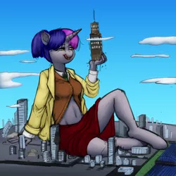 Size: 5000x5000 | Tagged: suggestive, artist:kevinsano, artist:muh-arts, color edit, derpibooru import, edit, oc, oc:giun uni, unofficial characters only, anthro, unguligrade anthro, unicorn, belly button, breasts, building, city, clothes, cloud, colored, female, giantess, holding, image, imminent vore, licking, licking lips, lidded eyes, looking at something, macro, midriff, open mouth, png, sketch, skirt, solo, solo female, this will end in vore, tongue out