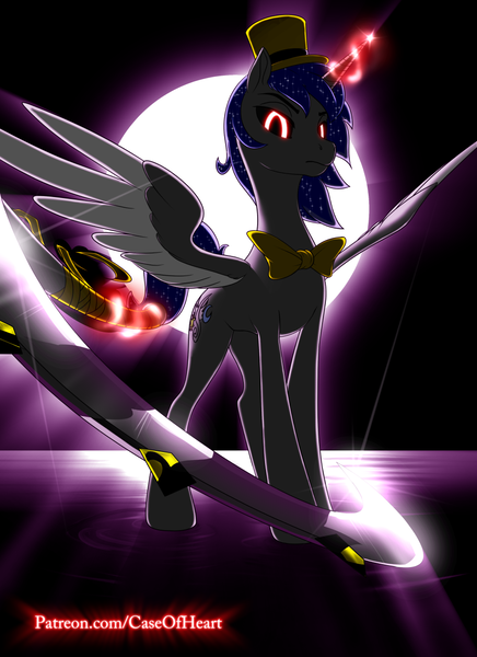 Size: 931x1280 | Tagged: safe, artist:drake, derpibooru import, alicorn, bowtie, darkness, hat, image, magic, magic aura, male, patreon, patreon link, png, scythe, top hat, url