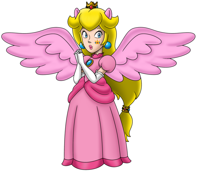 Size: 2544x2220 | Tagged: safe, artist:famousmari5, derpibooru import, human, equestria girls, barely eqg related, clothes, crossover, crown, dress, ear piercing, earring, gloves, gown, image, jewelry, long gloves, nintendo, pegasus wings, piercing, pink wings, png, ponied up, pony ears, princess peach, regalia, super mario bros., wings