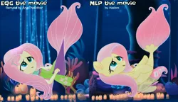 Size: 4000x2300 | Tagged: safe, artist:aryatheeditor, derpibooru import, screencap, fluttershy, mermaid, pegasus, pony, seapony (g4), equestria girls, my little pony: the movie, clothes, comparison, cute, digital art, element of kindness, equestria girls interpretation, excited, female, human and pony, image, jpeg, magical geodes, mare, movie, movie accurate, movie reference, open mouth, outfit, scene interpretation, screencap reference, seaponified, seapony fluttershy, seaquestria, shyabetes, species swap