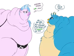 Size: 1024x768 | Tagged: suggestive, artist:jamesawilliams1996, artist:princebluemoon3, color edit, derpibooru import, edit, gallus, silverstream, gryphon, hippogriff, series:silverstream learns she's too thick, belly, big belly, bikini, bikini top, clothes, colored, crying, dialogue, double chin, fat, female, flabbus, huge belly, image, impossibly large belly, large belly, male, morbidly obese, obese, png, silverblob, simple background, solo, solo female, stuck, swimsuit, teary eyes, too fat, too fat to fit, too fat to get through, transparent background, weight gain