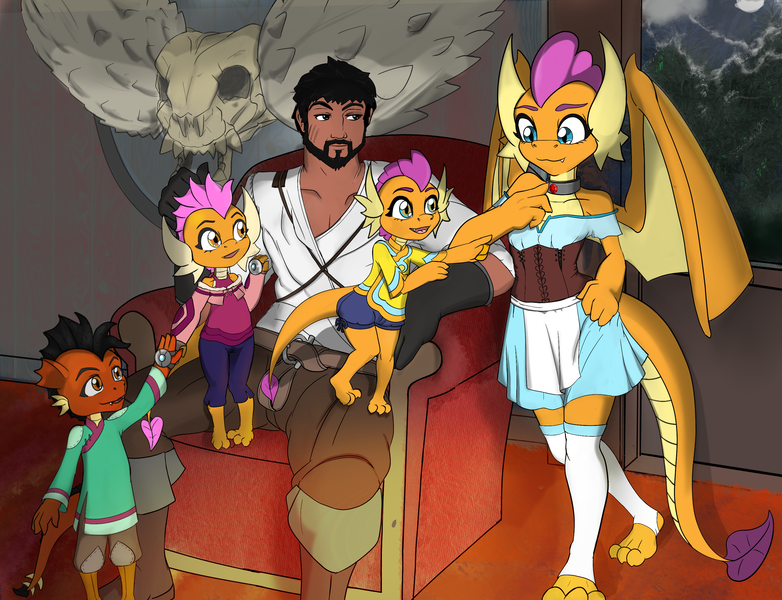 Size: 3026x2322 | Tagged: safe, artist:stardust-pony, derpibooru import, smolder, oc, family photo, happy ending, human oc, hybrid oc, image, interspecies, interspecies offspring, it ended in pregnancy, monster hunter, motherhood, offspring, older, older smolder, png