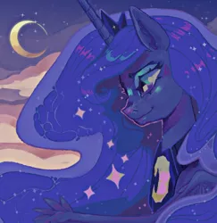 Size: 1320x1359 | Tagged: safe, artist:dummysquid, artist:tinykirin, derpibooru import, princess luna, alicorn, pony, bust, cloud, crescent moon, derpibooru exclusive, female, horn, image, jpeg, mare, moon, night, portrait, profile, sky, solo, stars, wings