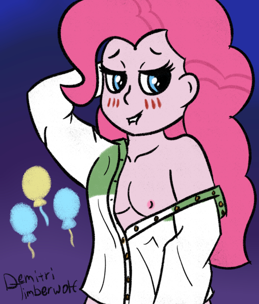 Size: 2900x3400 | Tagged: questionable, artist:demitri, derpibooru import, pinkie pie, equestria girls, bedroom eyes, blushing, bottomless, breasts, busty pinkie pie, cleavage, clothes, collarbone, cutie mark, equestria girls outfit, exposed breasts, female, gradient background, image, jpeg, lip bite, nipples, nudity, off shoulder, partial nudity, pinkie pie's cutie mark, signature, solo, wingding eyes