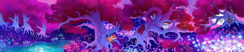 Size: 1200x259 | Tagged: safe, artist:holivi, derpibooru import, bird, fox, owl, squirrel, album cover, flower, forest, image, jpeg, no pony, ponies at dawn, reed, tree, zecora's hut