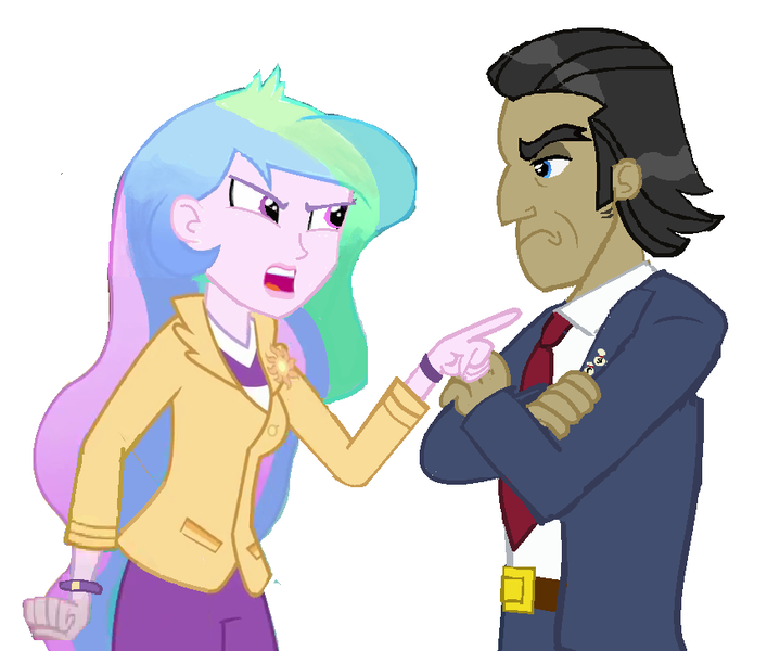 Size: 872x728 | Tagged: safe, artist:wesleyabram, derpibooru import, filthy rich, princess celestia, equestria girls, angry, duo, female, image, male, png, pointing, principal celestia, simple background, story in the source, unamused, white background, wip