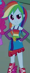 Size: 1689x4094 | Tagged: safe, derpibooru import, screencap, pinkie pie, rainbow dash, equestria girls, equestria girls (movie), belt, boots, clothes, cropped, cutie mark, cutie mark on clothes, fall formal outfits, female, hands on hip, image, jpeg, offscreen character, shoes, sleeveless, smiling, solo focus