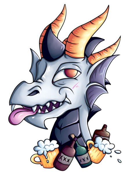 Size: 2616x3524 | Tagged: safe, artist:coco-drillo, derpibooru import, oc, oc:nugget, unofficial characters only, dragon, beer stein, bust, commission, drunk, fangs, horns, image, png, simple background, solo, tongue out, transparent background