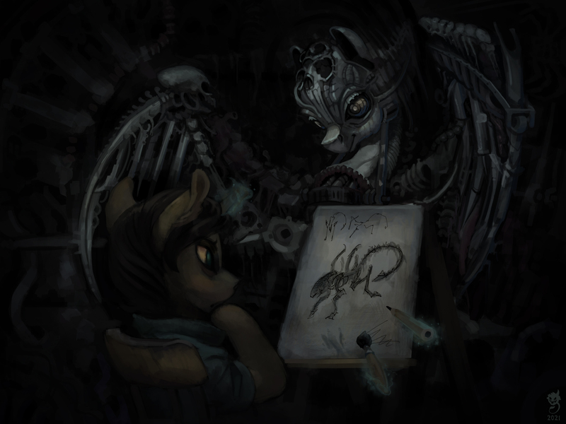 Size: 2400x1800 | Tagged: semi-grimdark, artist:gor1ck, derpibooru import, oc, alien, pony, xenomorph, alien (franchise), biomechanoid, brush, easel, giger, h.r. giger, image, jpeg, pencil, tabun art-battle cover, wings