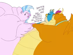 Size: 1024x768 | Tagged: suggestive, artist:jamesawilliams1996, artist:princebluemoon3, color edit, derpibooru import, edit, gallus, silverstream, smolder, dragon, gryphon, hippogriff, series:silverstream learns she's too thick, belly, big belly, bikini, bikini top, breasts, clothes, colored, dialogue, double chin, dragoness, eyes closed, fat, fat boobs, female, flabbus, huge belly, image, impossibly large belly, large belly, laughing, male, morbidly obese, neck roll, obese, png, pulling, rolls of fat, sblobder, silverblob, simple background, straining, stuck, swimsuit, transparent background, weight gain