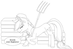 Size: 3768x2551 | Tagged: safe, artist:melodytheartpony, derpibooru import, applejack, bowing, commission, cowboy hat, cowgirl, cute, female, hat, hay bale, image, lineart, pitchfork, png