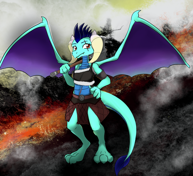 Size: 2616x2386 | Tagged: safe, artist:stardust-pony, derpibooru import, oc, dragon, hybrid, barbarian, image, leather armor, offspring, parent:princess ember, png, posing for photo, scar, volcano