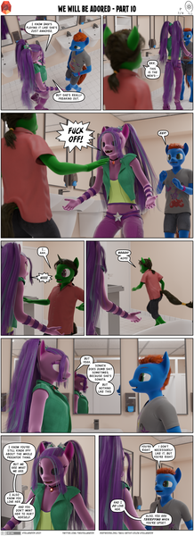 Size: 2000x5505 | Tagged: suggestive, artist:stellarator, derpibooru import, aria blaze, oc, oc:smoothie, oc:tokamak, anthro, unguligrade anthro, comic:we will be adored, comic:we will be adored part 10, 3d, blender, comic, cycles, image, male, not sfm, png, vulgar