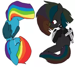 Size: 870x778 | Tagged: safe, artist:dramaostrich, derpibooru import, oc, oc:rainbow death, pegasus, pony, age difference, bandage, bandaged wing, choker, crying, duo, duo female, female, filly, image, mare, multicolored hair, png, simple background, spiked choker, white background, wings