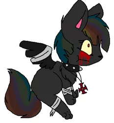 Size: 424x455 | Tagged: semi-grimdark, artist:dramaostrich, derpibooru import, oc, oc:rainbow death, cat, bandage, bandaged leg, bandaged wing, blood, choker, cross, crying, female, furrified, furry, image, jewelry, multicolored hair, necklace, png, simple background, solo, species swap, spiked choker, tears of blood, white background, wings