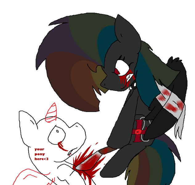 Size: 722x684 | Tagged: grimdark, artist:dramaostrich, derpibooru import, oc, oc:rainbow death, ambiguous species, pegasus, pony, ambiguous gender, bandage, bandaged wing, base, blood, blood from mouth, commission, crying, cutie mark, duo, female, image, knife, multicolored hair, murder, png, stabbing, tears of blood, wings, your character here