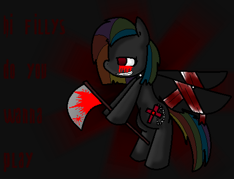 Size: 463x354 | Tagged: grimdark, artist:dramaostrich, derpibooru import, pegasus, pony, bandage, bandaged wing, blood, crying, cutie mark, female, image, multicolored hair, png, rainbow death, scythe, shading, solo, tears of blood, text, wings