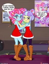 Size: 1500x1942 | Tagged: safe, artist:dieart77, derpibooru import, kiwi lollipop, supernova zap, art pack:the postcrush undress, equestria girls, bedroom eyes, blushing, christmas, clothes, comic, dress, duo, duo female, female, holiday, image, jpeg, k-lo, looking at you, panties, patreon, postcrush, smiling, speech bubble, striptease, su-z, underwear