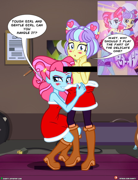 Size: 1500x1942 | Tagged: questionable, artist:dieart77, derpibooru import, kiwi lollipop, supernova zap, art pack:the postcrush undress, equestria girls, bedroom eyes, blushing, censor bar, censored, christmas, clothes, comic, dress, duo, duo female, eyes closed, female, holiday, image, jpeg, k-lo, looking at you, open mouth, panties, patreon, postcrush, smiling, speech bubble, striptease, su-z, underwear, undressing