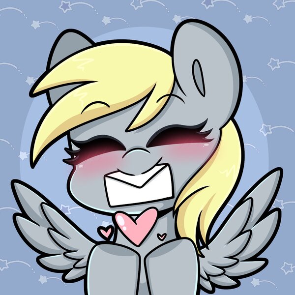 Size: 1500x1500 | Tagged: safe, artist:sakukitty, derpibooru import, derpy hooves, pegasus, pony, blushing, bust, cute, derpabetes, eyes closed, female, heart, image, jpeg, letter, mare, mouth hold, portrait, solo, spread wings, wings