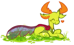 Size: 500x304 | Tagged: safe, artist:bumblesnail-art, derpibooru import, thorax, changedling, changeling, cute, eyes closed, floating heart, heart, image, lying down, male, png, prone, simple background, smiling, solo, thorabetes, transparent background