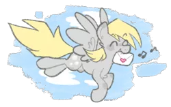 Size: 500x314 | Tagged: safe, artist:bumblesnail-art, derpibooru import, derpy hooves, pegasus, pony, cloud, cute, derpabetes, eyes closed, female, flying, image, letter, mare, mouth hold, music notes, png, sky, smiling, solo, spread wings, wings