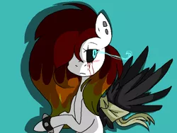 Size: 681x512 | Tagged: safe, artist:dramaostrich, derpibooru import, oc, oc:cleancut, unofficial characters only, pegasus, pony, bandage, bandaged wing, black sclera, blood, blushing, bracelet, crying, ear piercing, female, icon, image, piercing, png, simple background, solo, spiked wristband, tears of blood, wings, wristband