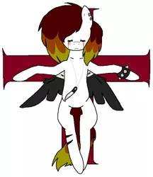 Size: 558x646 | Tagged: semi-grimdark, artist:dramaostrich, derpibooru import, oc, oc:cleancut, pegasus, pony, bandage, bandaged wing, blood, bracelet, cross, crucifixion, crying, ear piercing, eyes closed, female, image, jewelry, knife, necklace, piercing, png, simple background, solo, spiked wristband, tears of blood, white background, wings, wristband