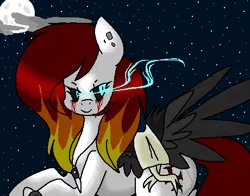 Size: 460x360 | Tagged: semi-grimdark, artist:dramaostrich, derpibooru import, oc, oc:cleancut, pegasus, pony, black sclera, blood, crying, cutie mark, ear piercing, female, glowing eyes, image, jewelry, knife, moon, necklace, night, piercing, png, shading, solo, starry night, tears of blood