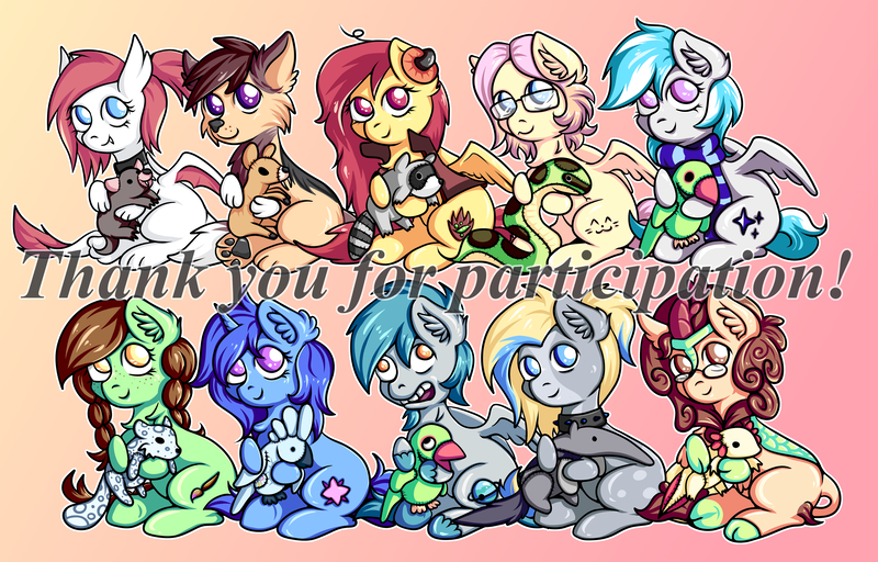 Size: 5610x3591 | Tagged: safe, artist:coco-drillo, derpibooru import, oc, oc:barpy, oc:ciel, oc:delly, oc:ember, oc:kafr, oc:lucky brush, oc:marty (vlník), oc:northern cross, oc:nouth, oc:twizzle peas, unofficial characters only, dragon, earth pony, jackal, kirin, pegasus, pony, unicorn, braid, braided tail, chest fluff, chibi, clothes, cloven hooves, collar, commission, compilation, donation, ear fluff, earbuds, fangs, glasses, goatie, image, messy mane, plushie, png, ponytail, scarf, simple background, sitting, ych result
