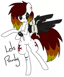 Size: 675x806 | Tagged: safe, artist:dramaostrich, derpibooru import, oc, oc:cleancut, pegasus, pony, bandaged wings, black sclera, blood, collar, crying, cutie mark, ear piercing, female, image, jewelry, knife, necklace, piercing, png, simple background, solo, spiked collar, tears of blood, text, white background