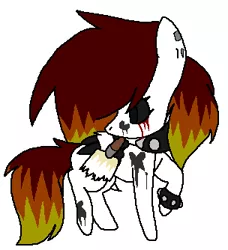 Size: 304x334 | Tagged: safe, artist:dramaostrich, derpibooru import, oc, oc:cleancut, oc:rainbow death, pegasus, pony, bandage, bandaged wing, black sclera, blood, bracelet, changing, choker, crying, ear piercing, female, image, implied oc, other background, paint, paintbrush, painting, piercing, png, simple background, solo, spiked choker, spiked wristband, tears of blood, tricolor mane, white background, wings, wristband