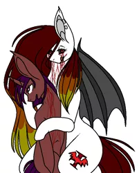 Size: 600x745 | Tagged: grimdark, artist:dramaostrich, derpibooru import, oc, oc:cleancut, bat pony, pony, unicorn, vampire, ambiguous gender, bat wings, bite mark, black sclera, blood, blood sucking, cutie mark, duo, ear piercing, female, image, licking, piercing, png, red eyes, simple background, slit pupils, tongue out, white background, wings
