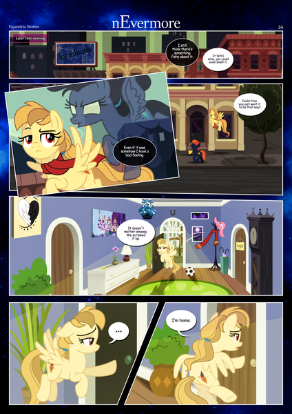 Size: 3259x4607 | Tagged: safe, artist:estories, derpibooru import, oc, oc:alice goldenfeather, oc:penumbra, unofficial characters only, pegasus, pony, comic:nevermore, alleyway, barrel, bipedal, comic, dialogue, duo, duo female, female, image, male, manehattan, mare, pegasus oc, png, speech bubble, wings