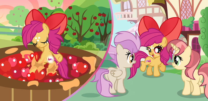 Size: 1024x499 | Tagged: safe, artist:velveagicsentryyt, derpibooru import, oc, oc:apple denki, oc:fries, oc:strawberlly, unofficial characters only, pony, apple, bow, cutiespark, female, filly, food, hair bow, image, jpeg, offspring, parent:apple bloom, parent:button mash, parent:rumble, parent:scootaloo, parent:sweetie belle, parent:tender taps, parents:rumbloo, parents:sweetiemash, parents:tenderbloom