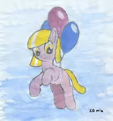 Size: 1024x1102 | Tagged: safe, artist:mraagh, derpibooru import, oc, oc:maze, unofficial characters only, earth pony, pony, balloon, bangs, cute, eyes open, female, filly, floating, flying, happy, image, jpeg, lavender coat, looking down, multicolor hair, multicolored hair, multicolored mane, painted, short mane, short tail, simple background, sky background, solo, yellow eyes, yellow mane