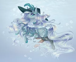 Size: 1280x1047 | Tagged: safe, artist:justkattyo, derpibooru import, oc, unofficial characters only, pony, art trade, bubble, chains, crepuscular rays, eyelashes, feather, female, flowing mane, flowing tail, hat, image, jpeg, lock, ocean, purple eyes, solo, sparkles, speedpaint, swimming, tentacles, trade, underwater, water