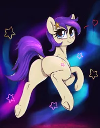 Size: 2350x3000 | Tagged: safe, artist:t72b, derpibooru import, star dancer, earth pony, pony, aurora borealis, blushing, butt, floating, hairpin, high res, image, looking back, plot, png, raised tail, rear view, sky, solo, space, star dancer appreciation collab, stars, tail